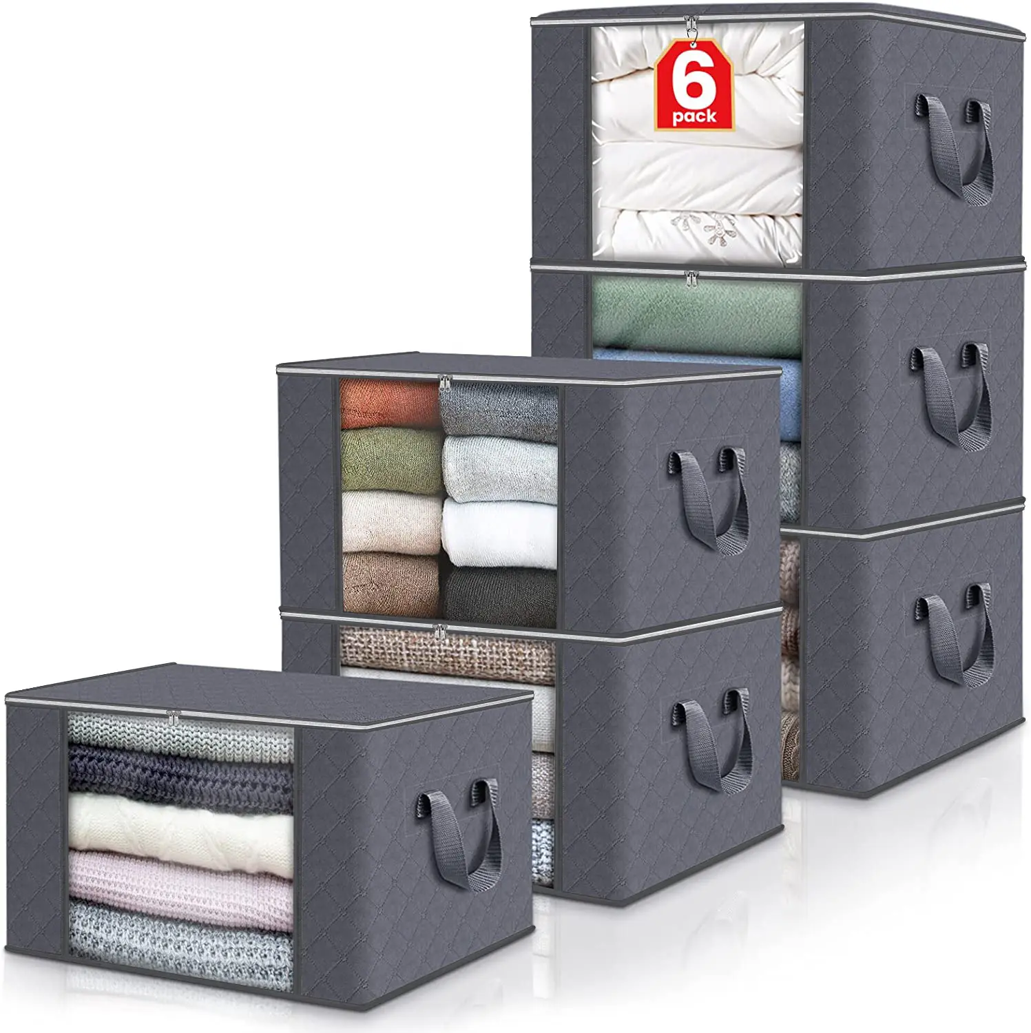 90-liter large-capacity storage bag, 6-piece clothing storage box, foldable wardrobe organizer with reinforced handle, ideal for storing clothes, blankets, duvets, bed sheets, pillows, and toys (gray)