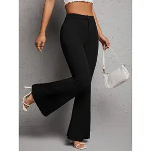 High Waist Flare Leg Black Pants Women Stand Collar Long Sleeve Casual
