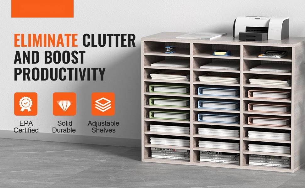 27 Compartments Wood Literature Organizer With Adjustable Shelves In MDF Mail Center For Office Home School Storage Of Files Documents Papers Magazines In Grey Finish, Ideal For Desk, Classroom, Library Organization