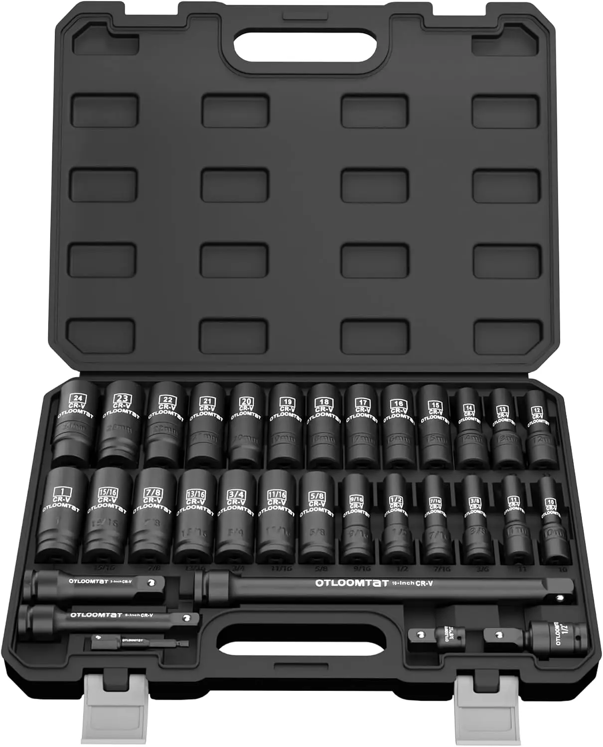 32PCS 1/2 Inch Drive Impact Socket Set Heavy Duty CR-V Steel Metric SAE Deep Sockets Master Tool Kit with Extension Bar 6-Point Design Laser Markings for Automotive Repair Mechanic Home Garage Storage Case Included