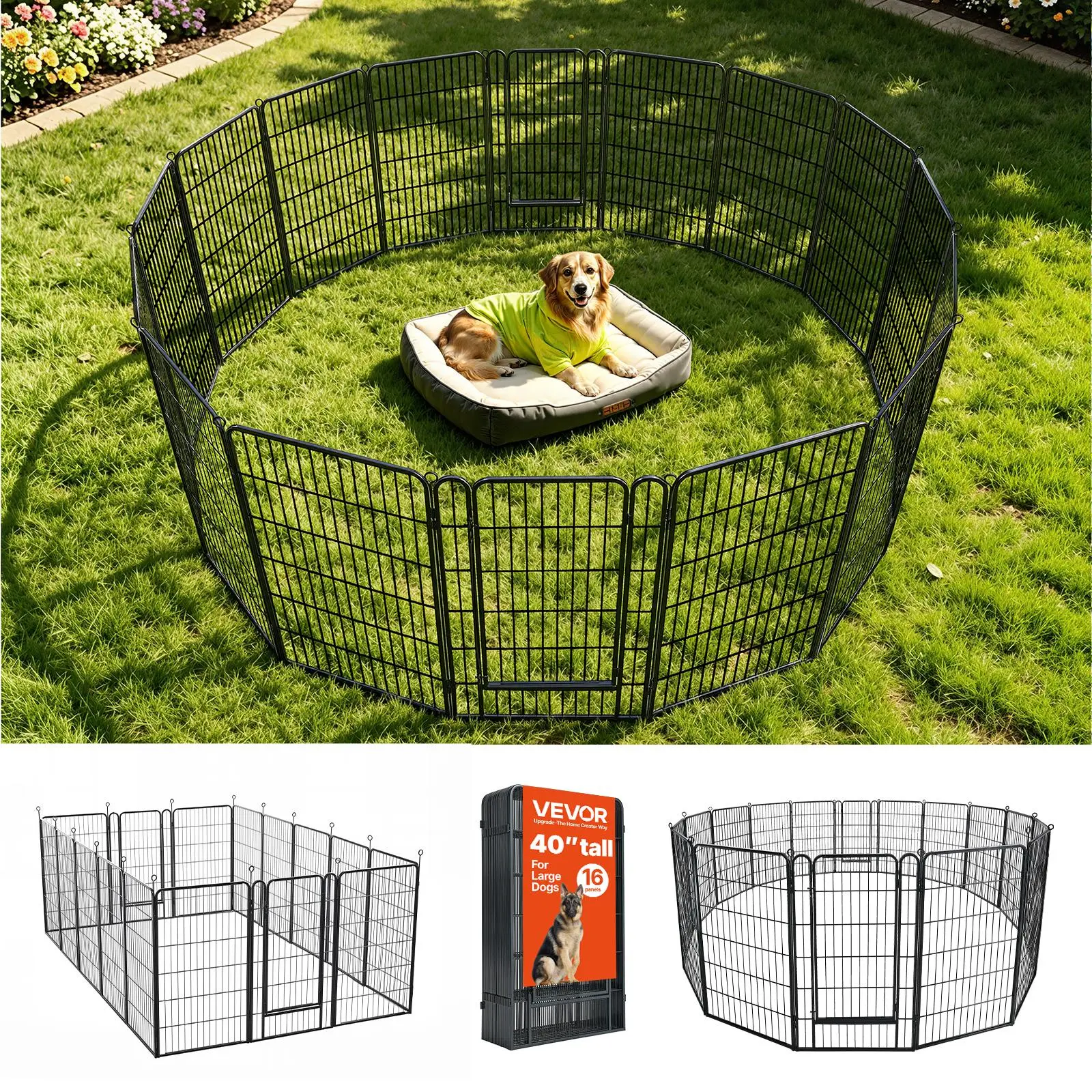 VEVOR Dog Playpen 40 Inch 16 Panels Foldable Metal Exercise Pen Pet Fence, Indoor/Outdoor Heavy Duty Puppy Crate Kennel with Door for Large/Small Dogs and Cats, Portable for RV Camping, Yard, Black