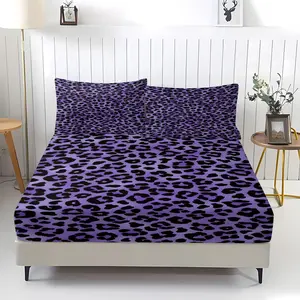 3 Pcs Deep Purple-Black Dense Leopard Print Fitted Sheet Set, 1 Fitted Sheet & 2 Pillowcases (no filler), Dense Leopard Pattern, Fits Bedroom/Homestay/Dorm Decor, Ideal for Mysterious Elegant Style Fans/Students/Couples/Holiday Gifters