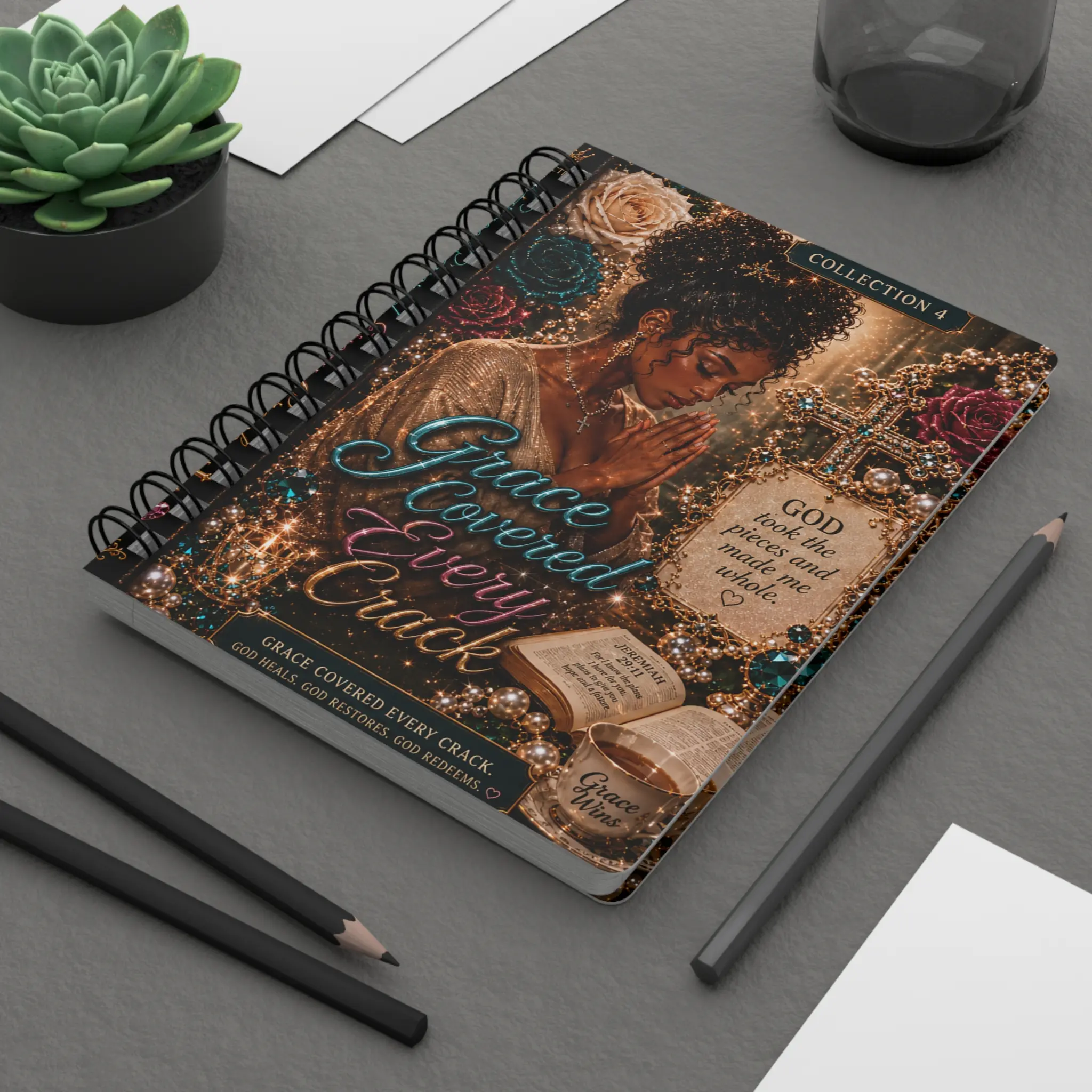 Spiral Journal — "Grace Covered Every Crack" Christian Prayer & Affirmation Journal