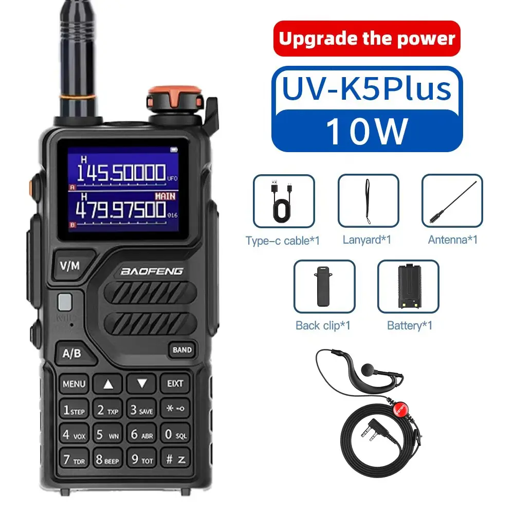 Baofeng K5plus 10w Multi-Band Uhf/vhf/am Aircraft Band, 999 Channels, 2500mah Wireless Frequency Replicator Portable Handheld Transceiver Two Way Radio, Black