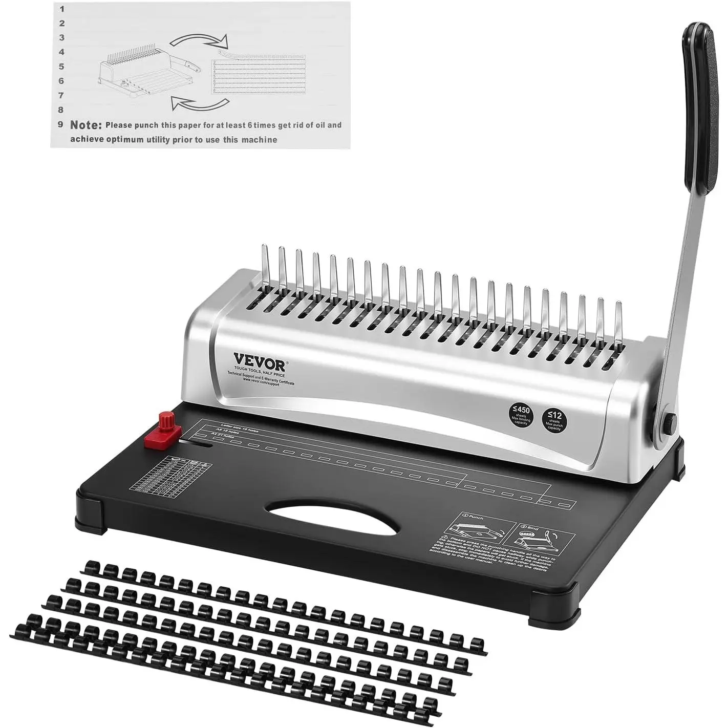 VEVOR Binding Machine, Comb Binding Machine 21-Holes Binding 450 Sheets, Book Binder Machine with 100 PCS 3/8'' Comb Binding Spines, for Letter Size, A4, A5