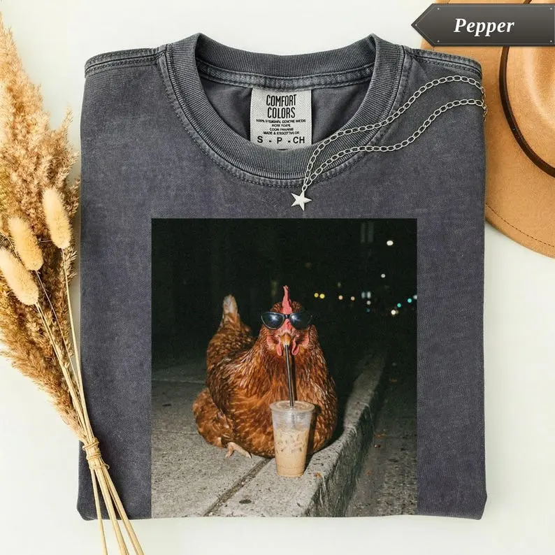 Comfort Colors Chicken Drinking Iced Coffee TShirt, Funny Animal Graphic Tee, Quirky Gift Idea, Sarcastic Humor TShirt, Trendy Novelty