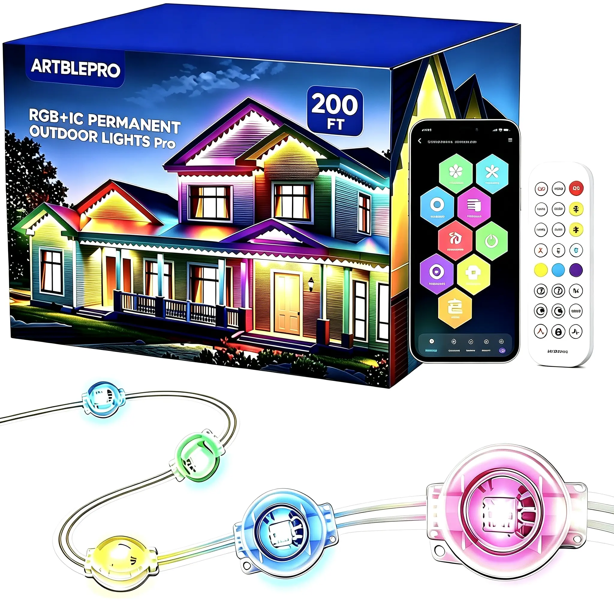 ARTBLEPRO RGB IC Permanent Outdoor Lights - Bluetooth App-Controlled Color-Changing Music-Sync IP67 Waterproof Yard Lighting, Eave Wall Lights for Christmas Aesthetic, Halloween Decor