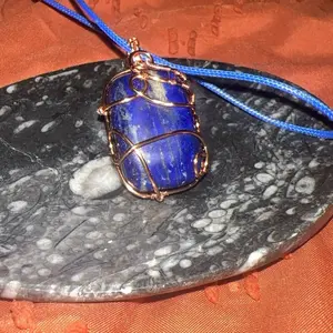 Lapis Lazuli Pendant with Copper Wire Wrap and Blue Cord