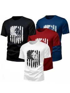 Vintage Eagle Usa Flag 4-Pack Patriotic Tee, Casual Loose-Fitting Long T-Shirts, All-Season Outdoor Wear, Independence Day
