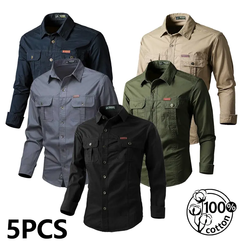 5-Pack Men’s 100% Cotton Long Sleeve Shirts | Lightweight Outdoor Utility Casual Shirt with Multi-Pockets