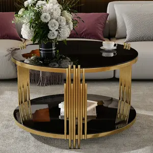 Round Glass Coffee Table, Modern Black Mirror Coffee Table with Lower Shelf, Asymmetrical Metal, Circular Metal Drum Base, Gold Finish & Lower, Cocktail Table Center Table for Living Room,Black and Gold