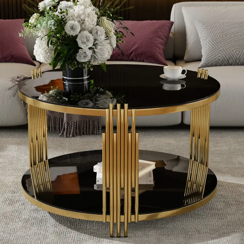 Bellemave Modern Black Mirror Coffee Table with Asymmetrical Metal Structure, Circular Gold-Finish Base, and Lower Shelf for Elegant Living Room Decor