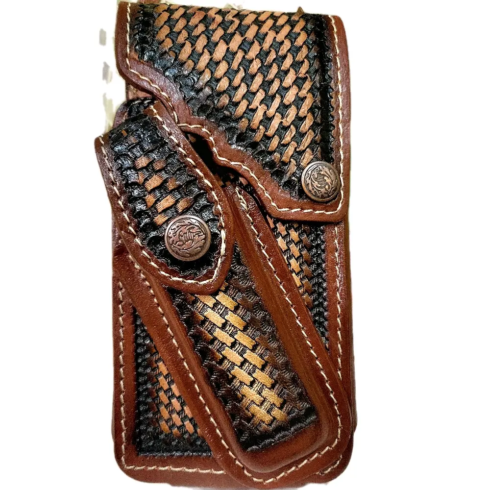 Western Phone Holster Genuine Leather Phone Belt Holster and Knife Holder Hand Tooled button closure Handmade in Mexico