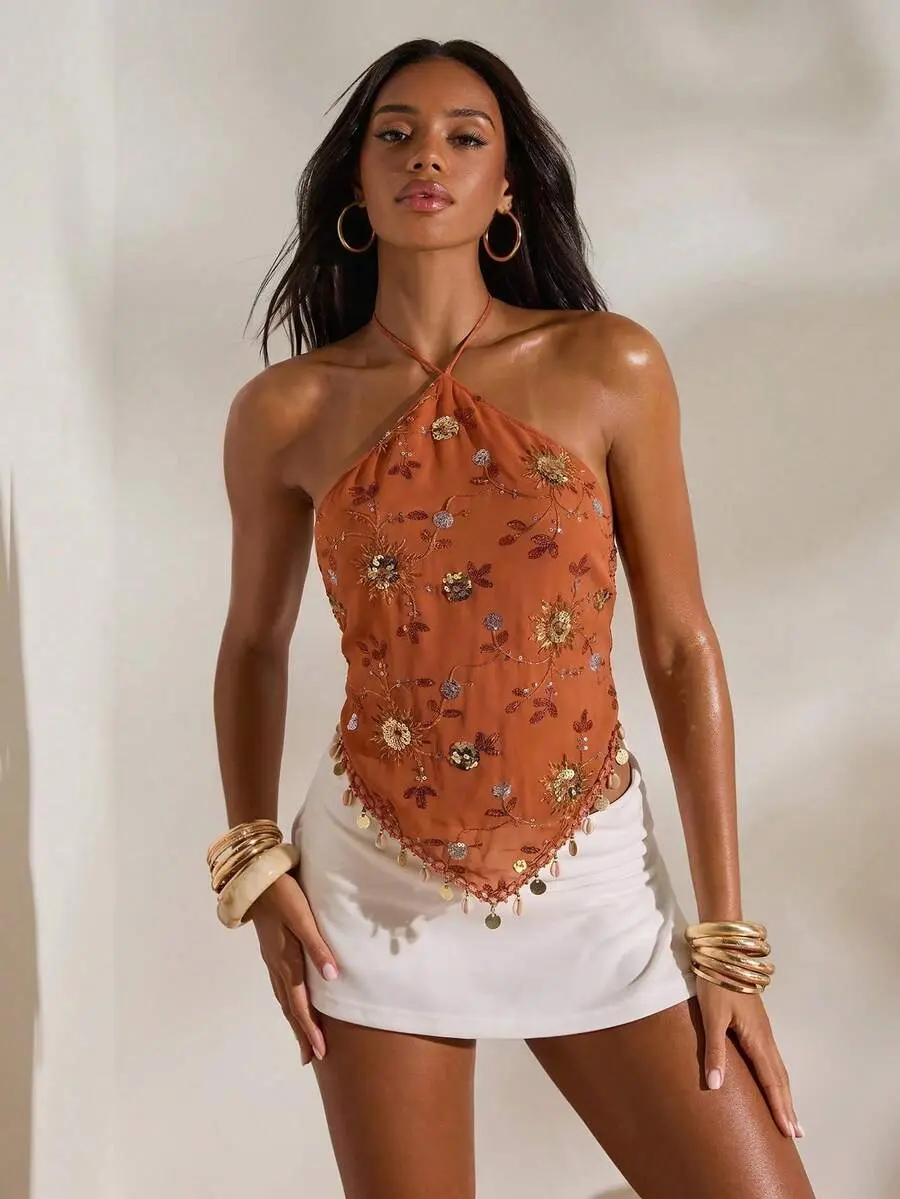 Ember x Opulessa Women's Floral Pattern Sequin Halter Top Summer Vacation Rust Boho