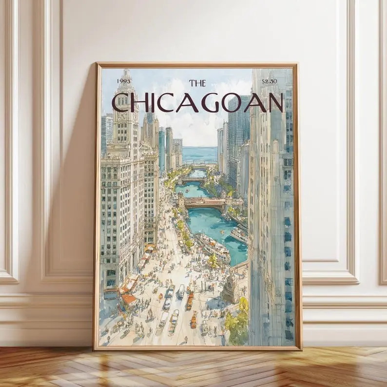 [Sale Up To 50%][No frame, Free Ship] Chicago River City Poster  The Chicagoan  Downtown Skyline Watercolor Travel Art Wall Decor