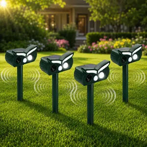 Solar Animal Repeller 4 Pack – Keep Deer, Squirrels & Raccoons Away, Motion Sensor Ultrasonic Pest Repellent with Flashing LED Light, Waterproof Solar Powered Yard Defender for Garden Lawn Patio Farm rodent repellent control device