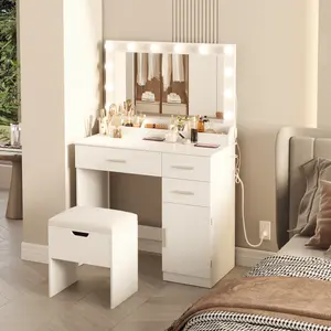 Lifewit White Makeup Desk Vanity Large Mirror with Lights, Adjustable Color/Brightness, 2 Power Outlets, 2 USB Ports, Storage Stool, 3 Drawers, 1 Cabinet, and 3 Open Storage Spaces