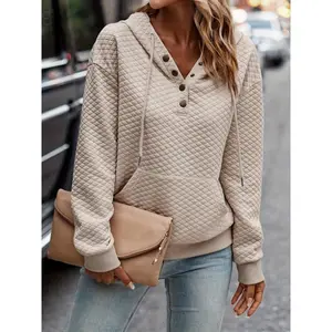 Solid Color Button Kangaroo Pocket Hoodie, Casual Long Sleeve Drawstring Hooded Sweatshirt, Women’s Clothing Hit Pastel