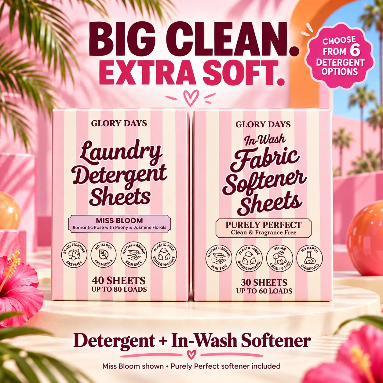 Glory Days - Laundry Detergent Sheets & In Wash Fabric Softener Sheets Bundle - Complete Laundry Ritual - Powerful Enzyme Clean, Perfect Softness - 6 scents to choose from - Eco Friendly, Space Saving, Plastic Free, Travel Friendly, Easy to Use, Mess Free