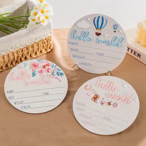 15cm Round Hello World Birth Announcement Sign, Wooden Sign, Personalized Name & Date Gift, Baby Shower Baptism Keepsake, Photography Prop, Photo Plaque