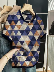 Geometric Triangle Patchwork Colorblock Sweater, Casual Short Sleeve Fitted Knit Top, Comfortable Warm Women's Clothing for Fall Winter