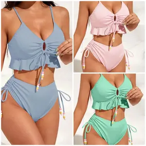 Womens Sexy 2 Piece Bikini Sets Cheeky High Cut Bathing Suit Color Block Textured o-Wire Swimsuits