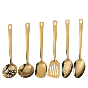 6 Piece Stainless Steel Kitchen Utensils Set Gold Cookware Set Includes Soup Ladle Slotted Spoon Frying Spatula for Home Cooking and Hot Pot