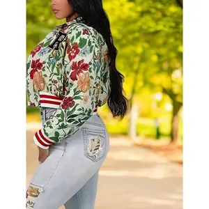 Women's Floral Print Bomber Jacket - Polyester Blend, Lapel Collar, Button Detail, Casual Vacation Style, Spring/Fall Wear - Elegant Ladies' Leisure Outfit