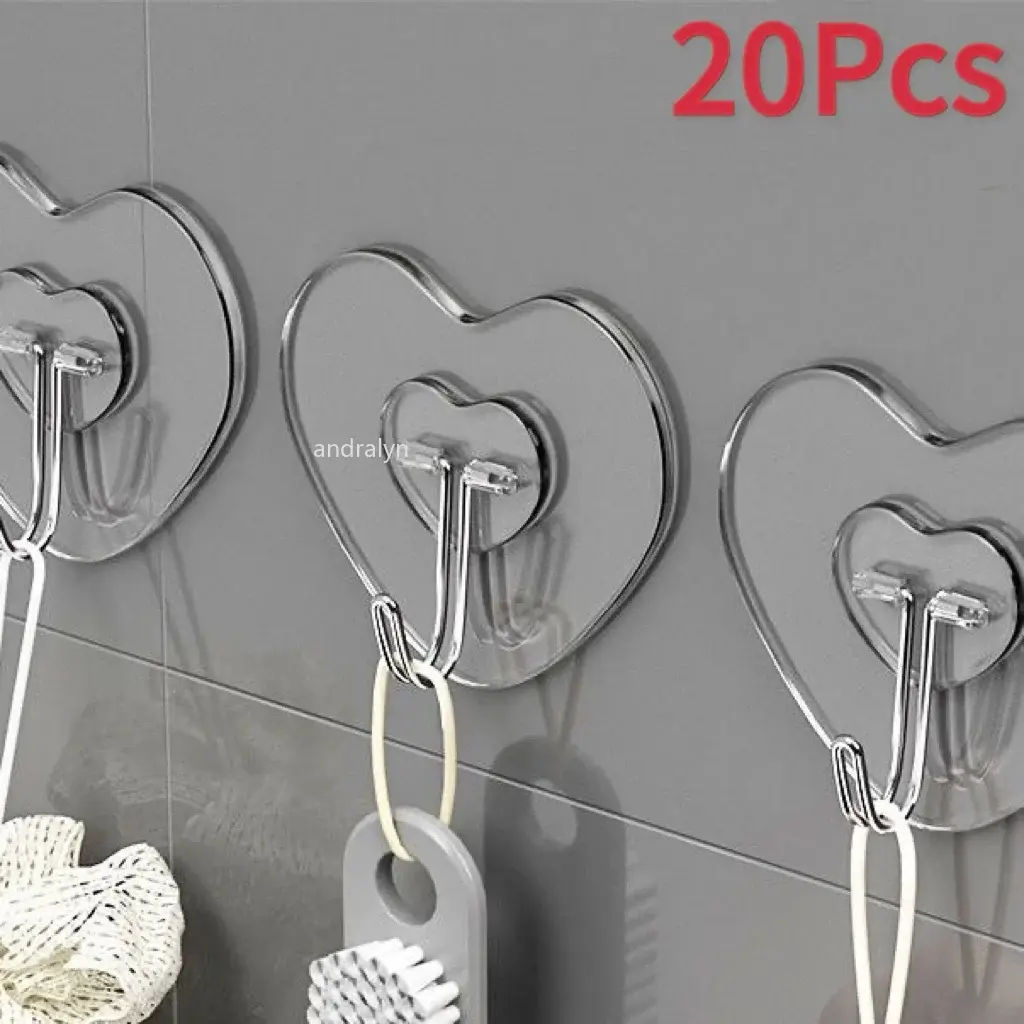Heart Shape Transparent Hooks Non Punching Plastic Love Hangers Holder Self Adhesive Key Towel Multi-Purpose Hooks Storage Rack No brand