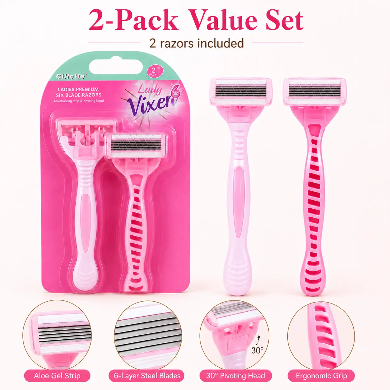 Women's 2PCS 6-Blade Manual Body Razor - Hypoallergenic, Painless Close Shave Tool for Underarms, Legs - Sensitive Skin-Friendly, No Razor Bumps Hair Removal Grooming Essential for At-Home Self Care, BodyTok Daily Routine Party Gift
