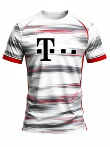 Men's short-sleeved football sport T-shirt (in white, black, and red striped styles), featuring the brand logo and circular emblem pattern, suitable for both sports and casual wear, Athletic Tops