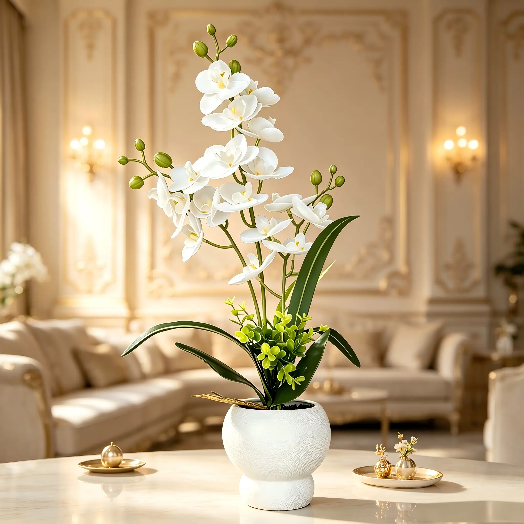 Artificial plant White Orchid reproduces the charm of White Orchid elegantly and realistically, with durable plastic flowerpots-durable and indelible decorations, which are suitable for home decoration, reception area and office decoration.