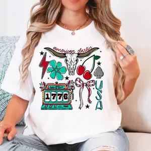 Western Patriotic Collage Tee, American Darling Graphic T-Shirt, Vintage Americana Western Tee, USA Patriotic Boho Shirt for Women