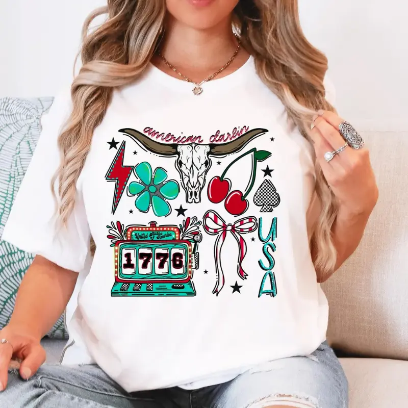 Women's Vintage Western Graphic T-Shirt, Patriotic Americana Collage, Casual Lightweight Cotton Fabric with a Classic Short Sleeve Fit, Light, Shortsleeve, Lady