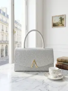 Elegant Silver Color Glitter Top Handle Handbag, A-Logo, Luxury Shiny Evening Bag for Women, Perfect for Parties and Weddings