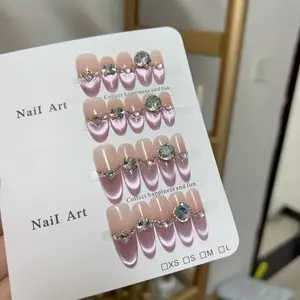 10pcs high-end light purple cat eyes full of diamonds handmade fake nails Diy Nail Art,The sparkling diamond ladylike style is perfect