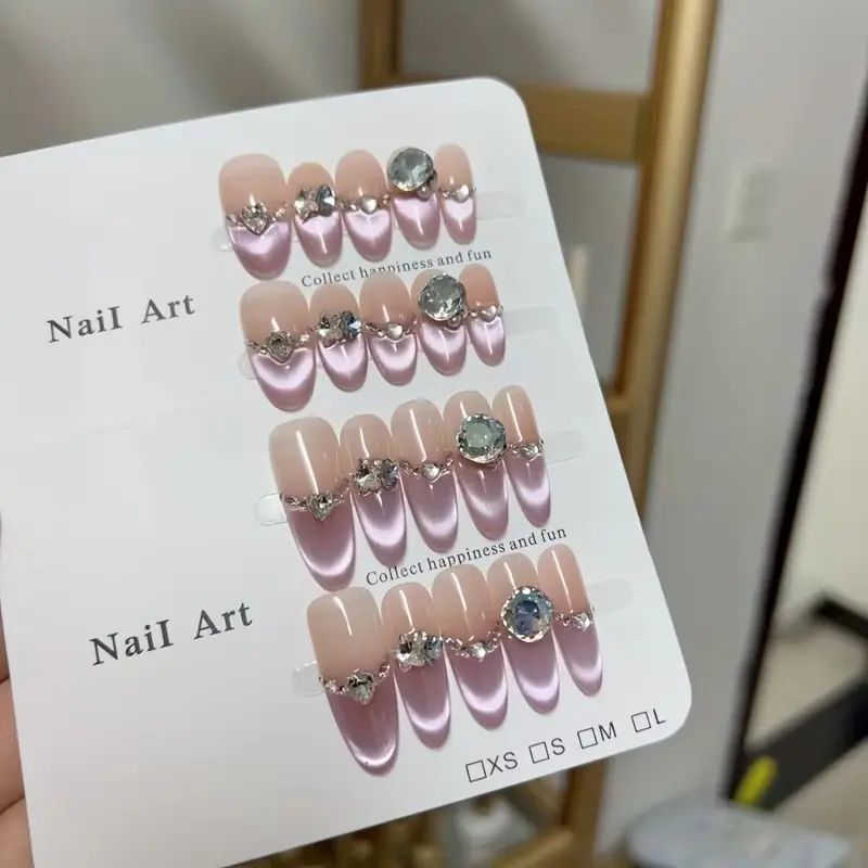 10pcs high-end light purple cat eyes full of diamonds handmade Glittering Fake Nails Diy Nail Art,The sparkling diamond ladylike style is perfect False Nails