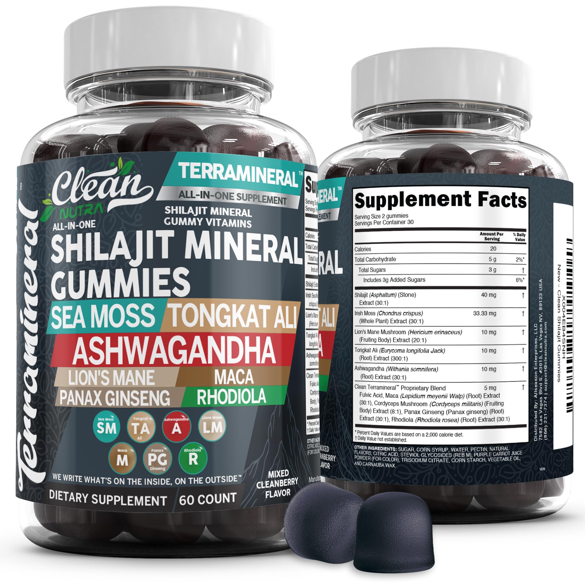 Clean Nutra Shilajit Mineral Gummies with Sea Moss, Tongkat Ali, Ashwagandha, Lion's Mane, Maca, Rhodiola & More for Health & Energy Support - Terramineral