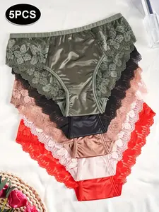 Women's Floral Lace Panties Set of 5, Semi-Transparent Flower Trim, Mid-Waist, Soft Comfortable, Vibrant Colors, Elegant, Feminine Underwear