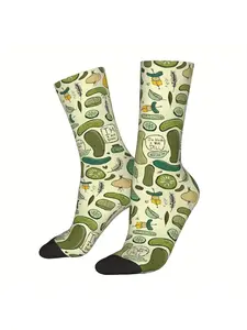BIIHUDU Fun Pickles Socks - Polyester Knit, All-Over Print with Pickle Designs, Black Toe & Heel, Hand Wash/Dry Clean, Novelty Socks|Playful Sock Design|Stretchy Fabric