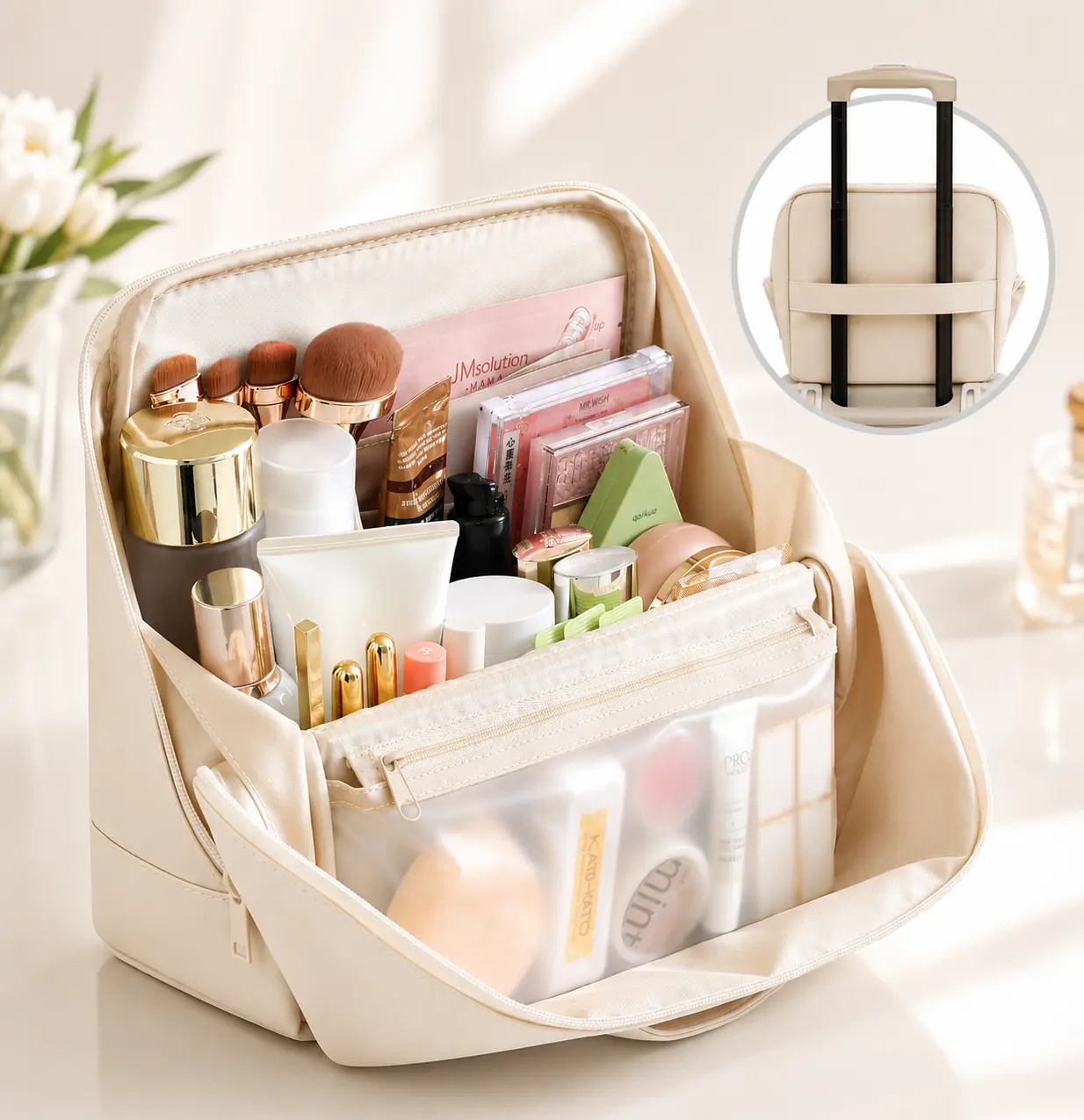 Waterproof Leather Makeup Bag for Travel, Clean Girl Vanity Organizer with Luggage Strap