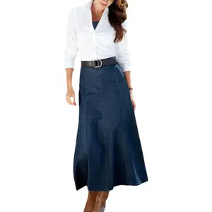 2025 New Women'S High-Waisted Slim Denim Skirt - Light Blue Solid Color, Medium Length A-Line with Elastic Waistband, Machine Washable,Casual Wear, Outdoor Activities, Wear|Slim Skirt|Stretch Fab Bottoms Polyester Womenswear Cotton