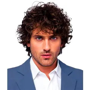 Male Synthetic Full Machine Wig, Men's Fluffy Dark Brown Short Curly Hair Wig with Flipped Bangs