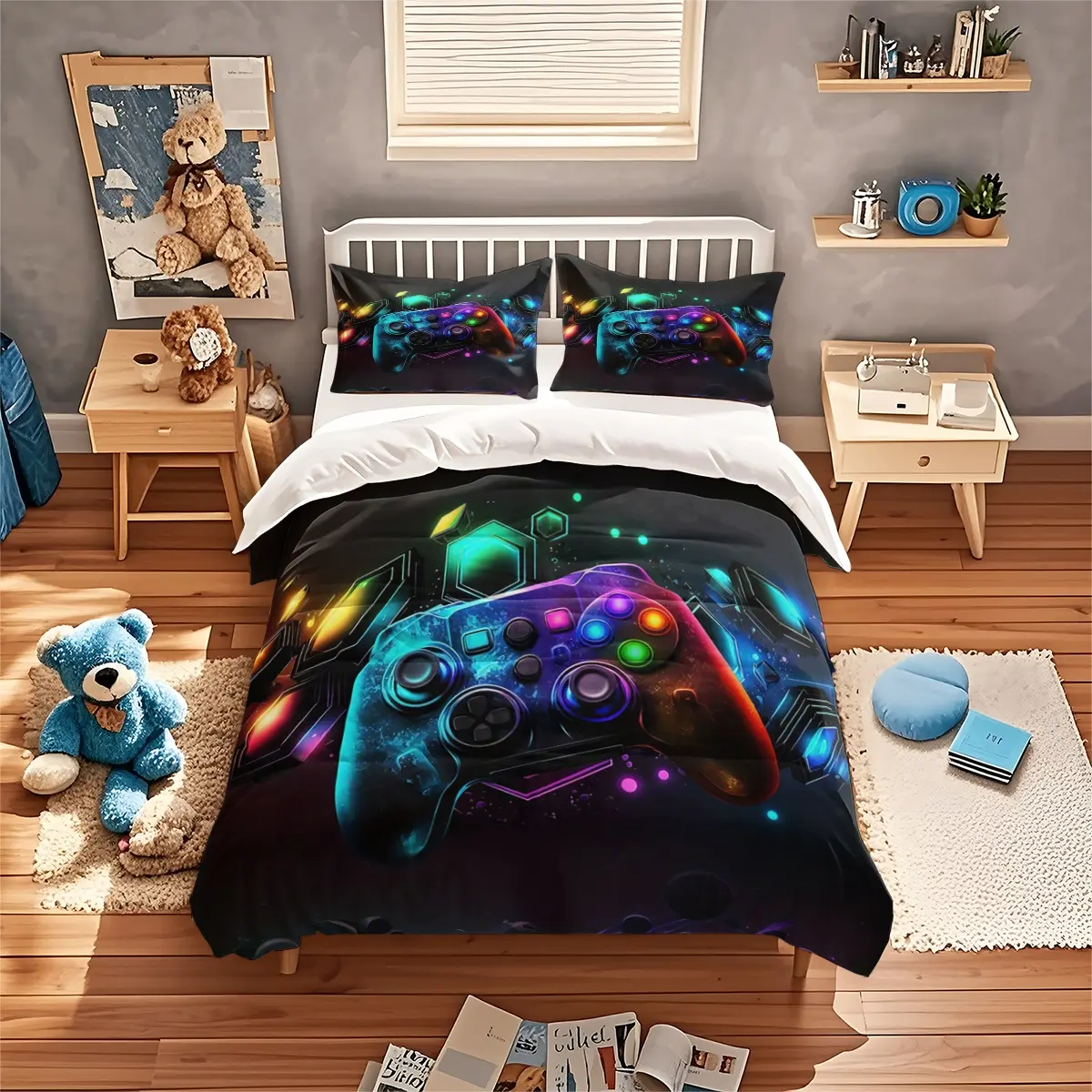 Boys Modern Gaming Theme Game Controller Print Bedding Set, Duvet Cover, 3-Piece Teen Bedroom Linen, Includes 1 Fitted Sheet and 1-2 Pillowcases, No Comforter