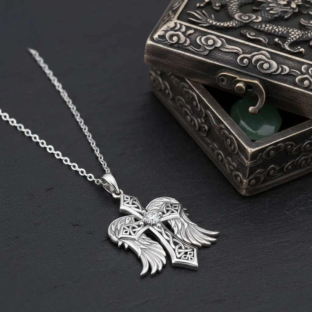 Retro Copper Angel Wing Cross Necklace, Blessed Cross Graphic Pendant with Synthetic Gemstone Accents, Casual Jewelry for Men and Women, Angel Wings Charm Necklaces, Blessed Cross Graphic Necklaces