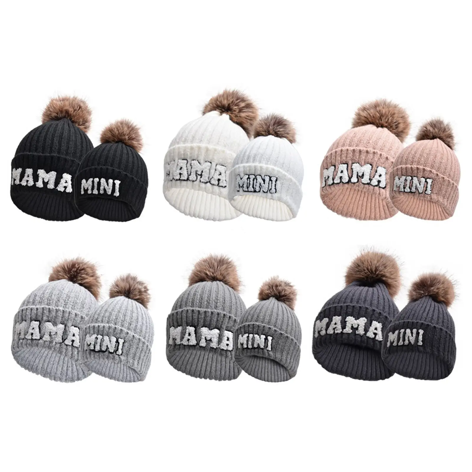 Parent-Child Beanie Hat Mother & Kids Winter Warm Knit Hat Letter Embroidery Family Matching Crochet Cap