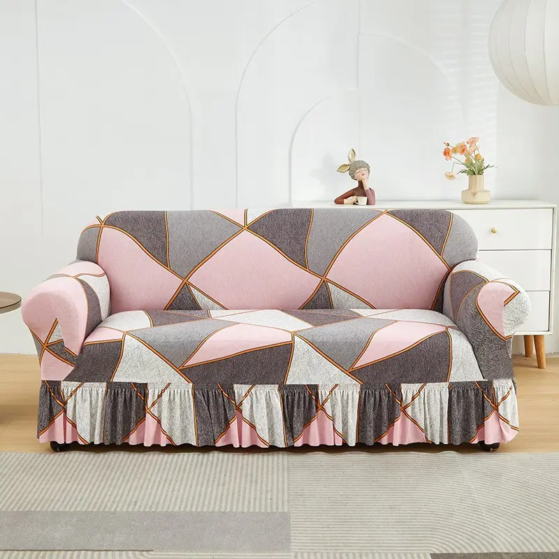 Geometric Colorblock Elastic Sofa Cover with Skirt, Sofa Protector, Sofa Couch Protector, Pet-Proof, All Seasons, Sofa Slipcover