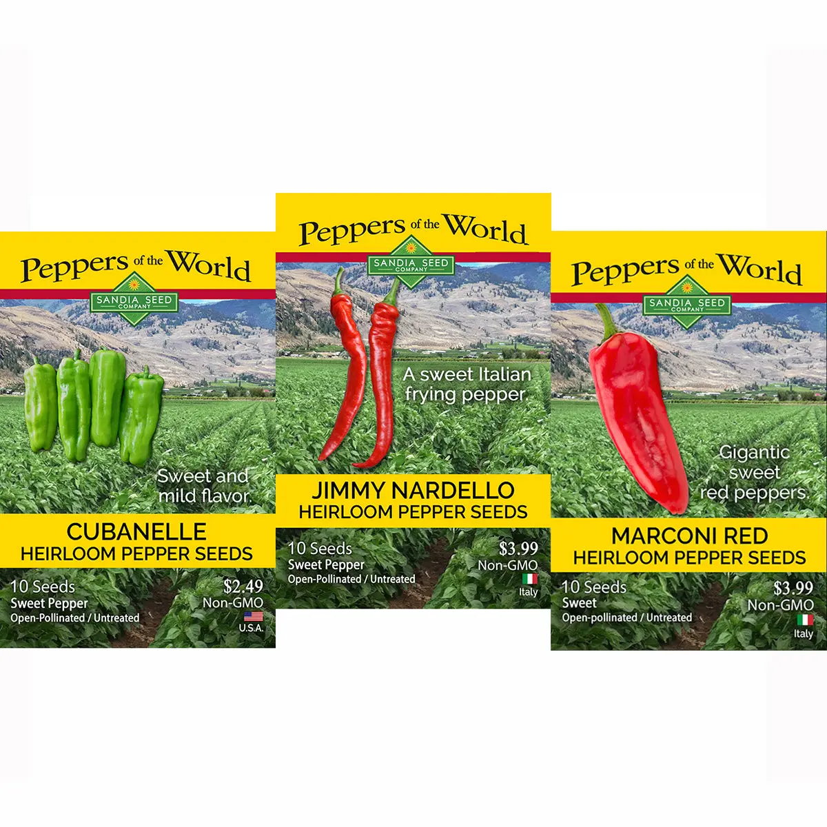 Chef's Sweet Italian Pepper 3-Pack: Cubanelle, Jimmy Nardello, and Marconi Red Seeds