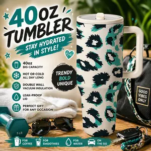1 Pc 40oz leopard print design, double wall vacuum cup with handle, Leakproof Insulated Tumbler, leak-proof lid, keeps hot for 12 hours cold for 24 hours, large capacity for hot cold drinks, perfect for holiday gift for women