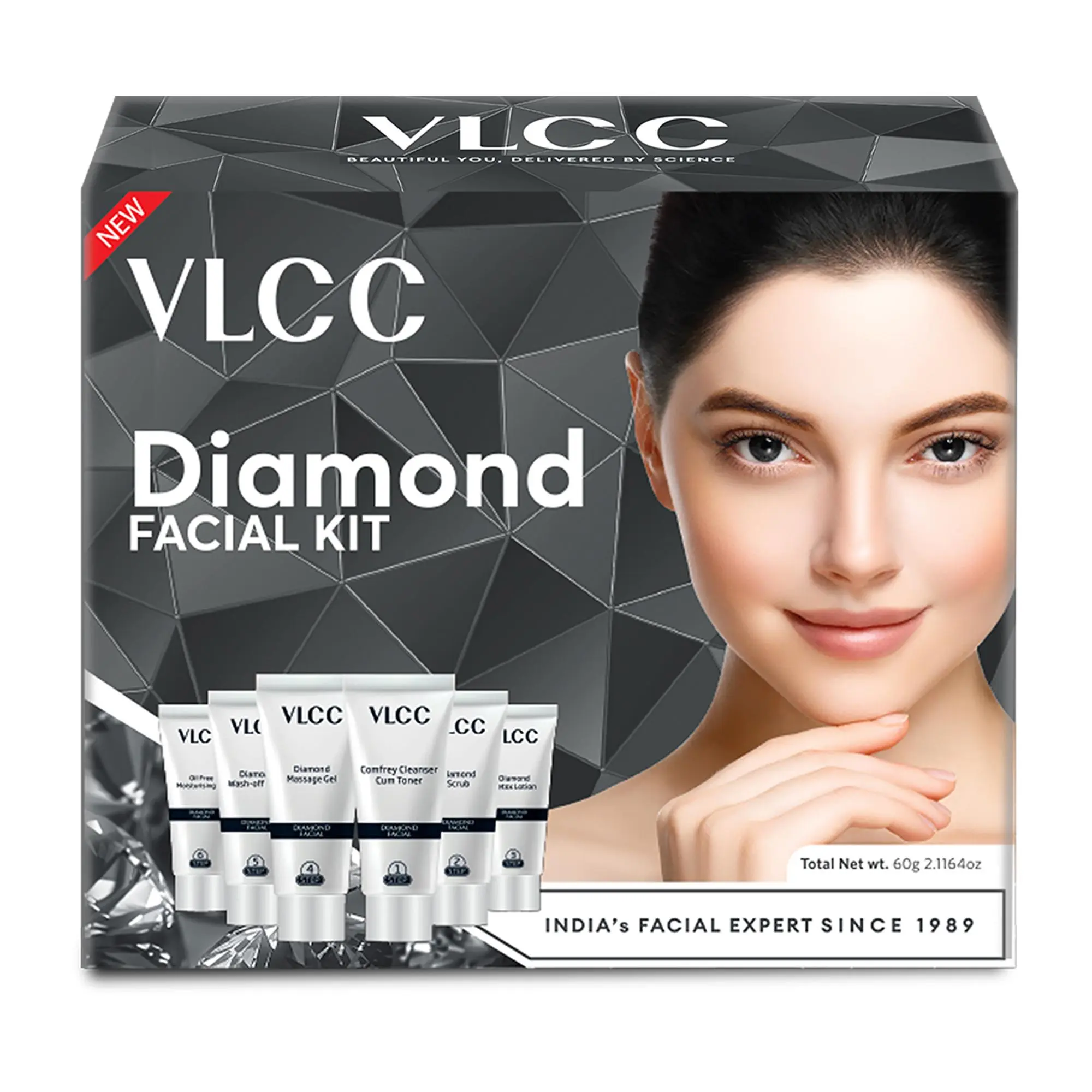 VLCC Diamond Facial Kit - Includes 6 Skin Care Products for Even Complexion - Face Wash, Face Mask and Lotion with Jojoba Oil and Olive Oil - 6 pc
